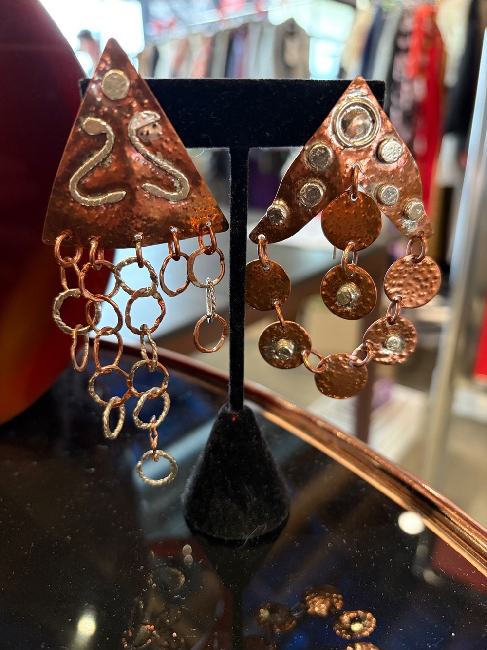 Handmade Copper Triangular Drop Earrings with Mixed Dangles - Copper